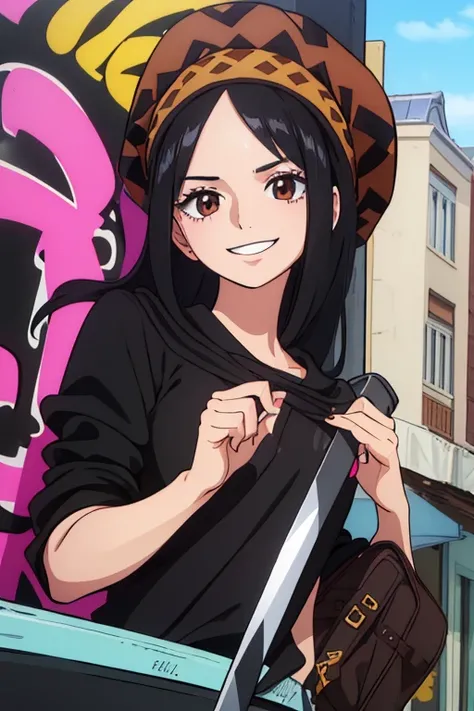 (best quality,4k,8k,highres,masterpiece:1.2), ultra-detailed, Animated, girl, mature face, long black hair, brown eyes, black hair, graffiti, girl graffer, durag, cool girl, flat, smile, 2 knives, bavarian outfit