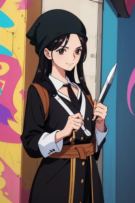 (best quality,4k,8k,highres,masterpiece:1.2), ultra-detailed, Animated, girl, mature face, long black hair, brown eyes, black hair, graffiti, girl graffer, durag, cool girl, flat, smile, 2 knives, bavarian outfit