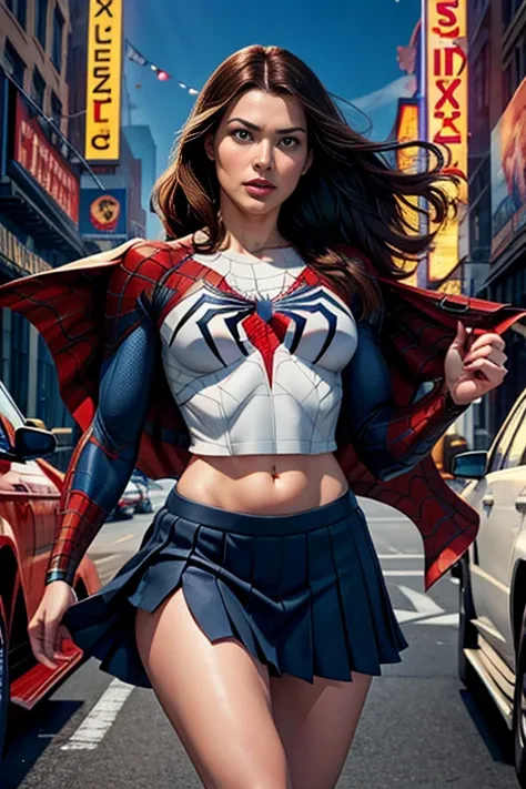 ヘイデン・パネッティーアマーベルコミックの映画Poster、so beautiful、Movies about Spider-Man、sexy、whole body、Wearing a skirt、Premiere Date、Poster、belly buttonを突き出す、new york、She&#39;s wearing a ripped Spiderman suit、The suit is torn、Wearing a skirt、Red and black color scheme、dynamic...