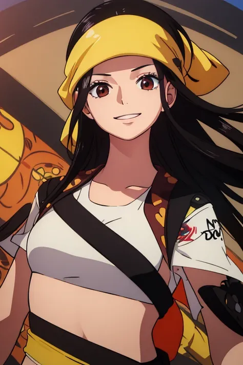 (best quality,4k,8k,highres,masterpiece:1.2), ultra-detailed, Animated, girl, mature face, long black hair, brown eyes, black hair, graffiti, girl graffer, durag, cool girl, flat, smile, 2 knives swords on the back