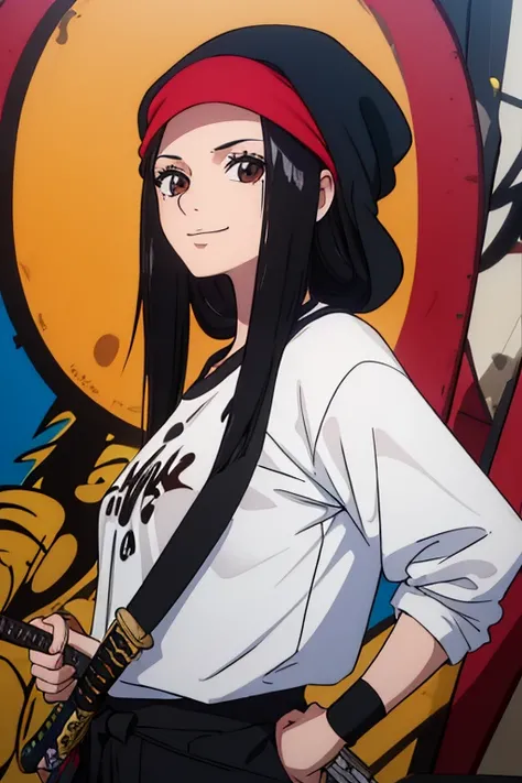 (best quality,4k,8k,highres,masterpiece:1.2), ultra-detailed, Animated, girl, mature face, long black hair, brown eyes, black hair, graffiti, girl graffer, durag, cool girl, flat, smile, 2 knives swords on the back