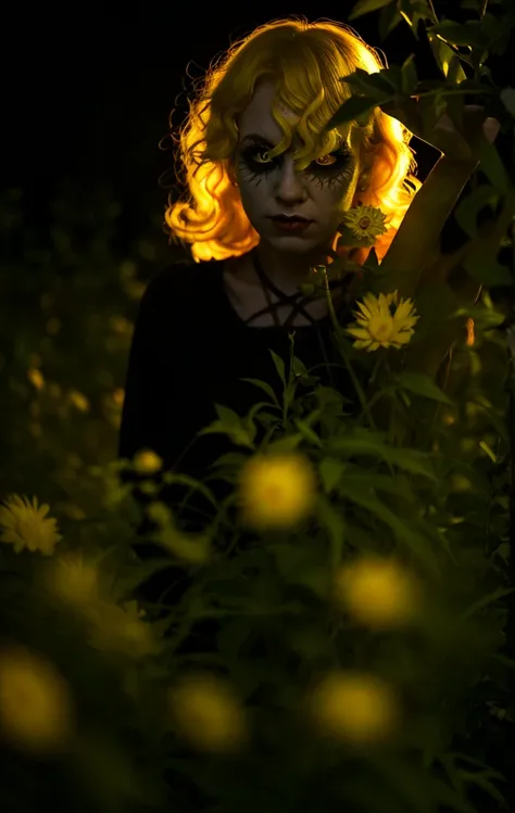 Dark Portrait, Unclean, evil, Astral, creepy style, Undead, Rotten skin, Mysterious, Nice perfect face, Portrait of a beautiful woman from behind in a flower forest, cigarette, haze, Yellow Dress, Yellow glowing sun, Big curly blonde hair, Yellow glow, Yel...