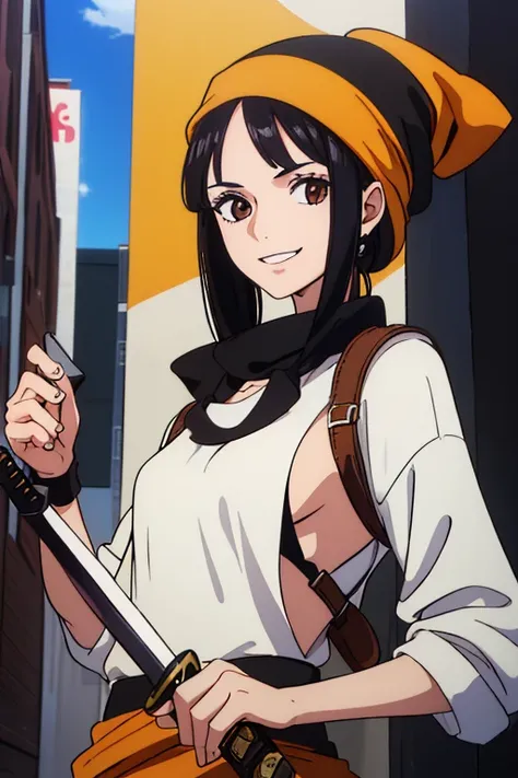 (best quality,4k,8k,highres,masterpiece:1.2), ultra-detailed, Animated, girl, mature face, long black hair, brown eyes, black hair, graffiti,, durag, cool girl, flat, smile, 2 knives swords on the back