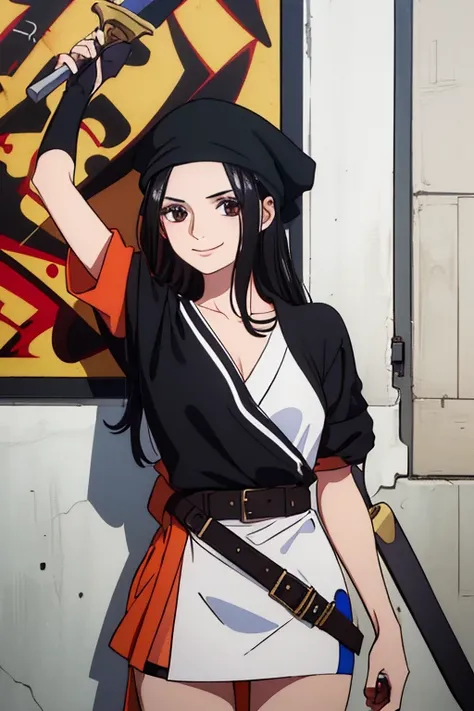 (best quality,4k,8k,highres,masterpiece:1.2), ultra-detailed, Animated, girl, mature face, long black hair, brown eyes, black hair, graffiti,, durag, cool girl, flat, smile, 2 knives swords on the back