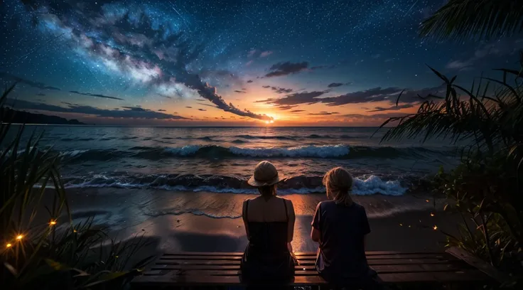 ((night sky, starry sky)), sun cooled,sound of waves, fireflies, slow beat, woman sitting by the waves