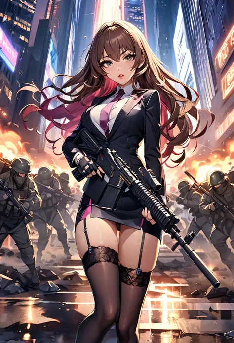 masterpiece、highest quality、Ultra-high resolution、Maximum resolution、Very detailed、Professional Lighting、anime、woman、thin、so beautiful、Sexy Suit、mini pencil skirt、Garter Stockings、High heels，Has an assault rifle、Grey Eyes、Brown Hair、long hair、Fingerless Gl...