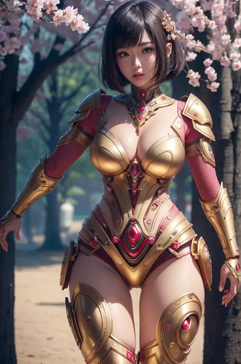 beautiful japanese young woman, wearing cyborg armor made of gold, thick symmetrical features, very short hair, background is cherry blossoms, pink aura, red lips, octane render, (Thick thighs:1.3)