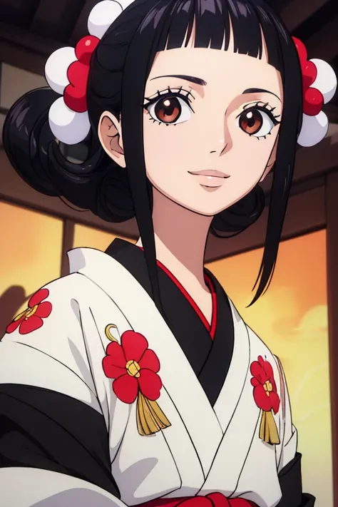 (best quality,4k,8k,highres,masterpiece:1.2), ultra-detailed, Animated, girl, mature face, long black hair, brown eyes, black hair, cool girl, flat, smile, japanese traditionnal clothes