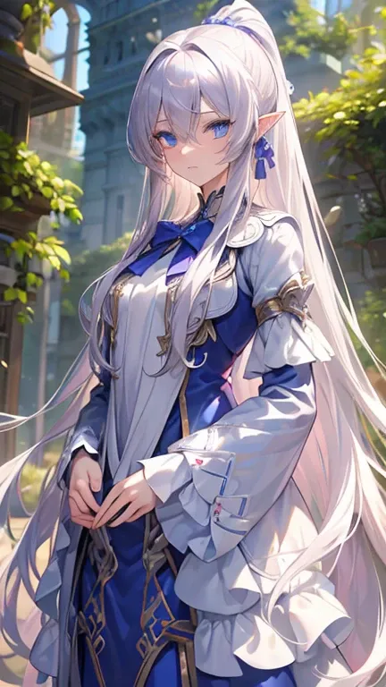 ((Silver Hair)), Highly detailed face and eyes, (Very long hair, Straight hair), jewelry, Purple hair band, Long pointy ears, anime, masterpiece, Textured skin, (Super detailed), Awards, (highest quality), Fairy, in the forest, wood々Sunlight shining throug...