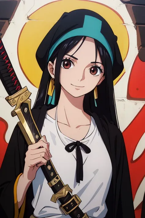 (best quality,4k,8k,highres,masterpiece:1.2), ultra-detailed, Animated, girl, mature face, long black hair, brown eyes, black hair, graffiti,, durag, cool girl, flat, smile, 2 knives swords on the back