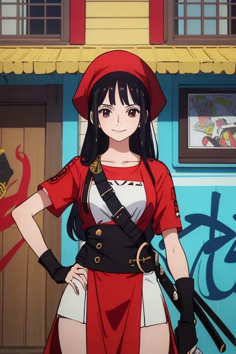 (best quality,4k,8k,highres,masterpiece:1.2), ultra-detailed, Animated, girl, mature face, long black hair, brown eyes, black hair, graffiti,, durag, cool girl, flat, smile, 2 knives swords on the back