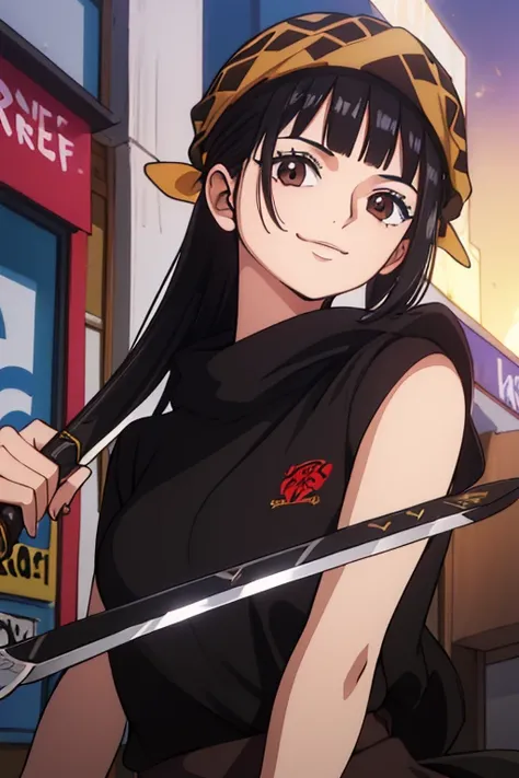 (best quality,4k,8k,highres,masterpiece:1.2), ultra-detailed, Animated, girl, mature face, long black hair, brown eyes, black hair, graffiti,, durag, cool girl, flat, smile, 2 knives swords on the back