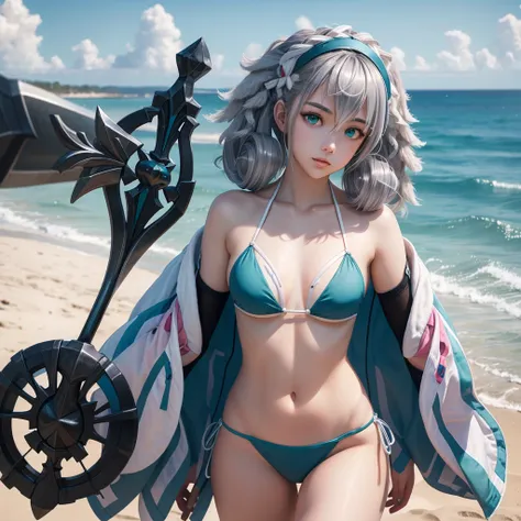 score_9, score_8 up, score_7 up, masterpiece, best quality, highly detailed, 4girls, silver hair, curly hair, teal eyes, hair between eyes, medium hair, highres, bikini, outdoors, beach, beautiful, holding a halberd