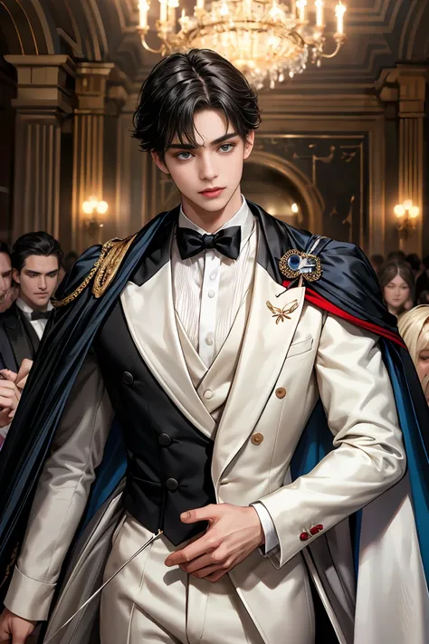 
masterpiece, 最high quality, high quality, 1 boy, alone, Male focus, Watching the audience,  Messy black hair, Adorable big blue eyes, White, Noble, Noble, Tuxedo、A very voluminous, large, very large, very large, long, long red and black cape with a high s...