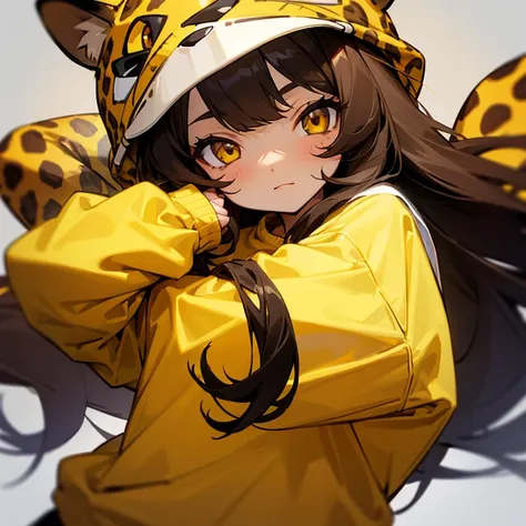 Create a cute girl with long brown hair with a yellow sweatshirt, dark eyes and a small leopard hat 