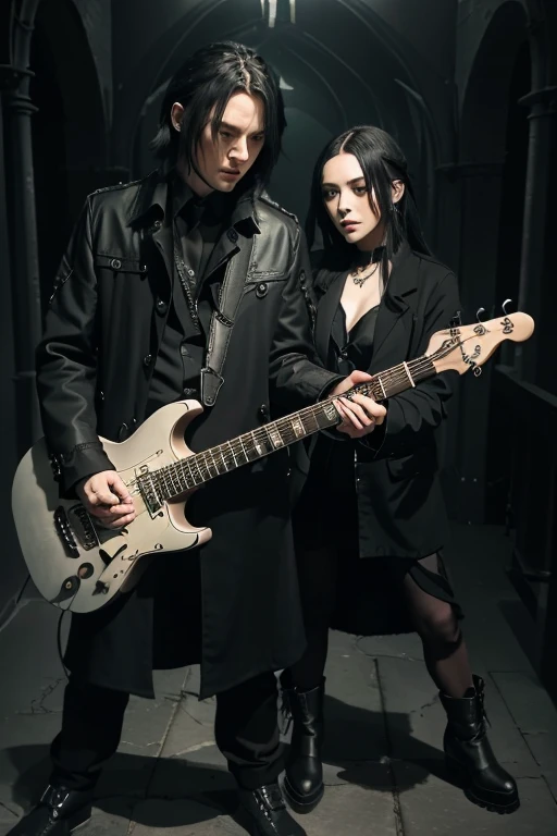 hard gothic band style、Peter Murphy、Bauhaus、electric guitar、play the guitar、Gothic、male、Dark world、black metal world、Black suit、band world、new wabe、dark Psych、long coat、Dark background、Strange Beauty、new form of beauty、Black eyeliner、Black eyeshadow、black ...