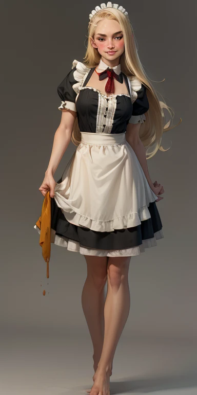 1girl, cute, ((Short black hair girl and long blonde hair girl)), maid victorian, maid apron, straight face, dazed, Body position: Standing, straight, symmetrical, barefoot, Lustful smile on face with red blush,
