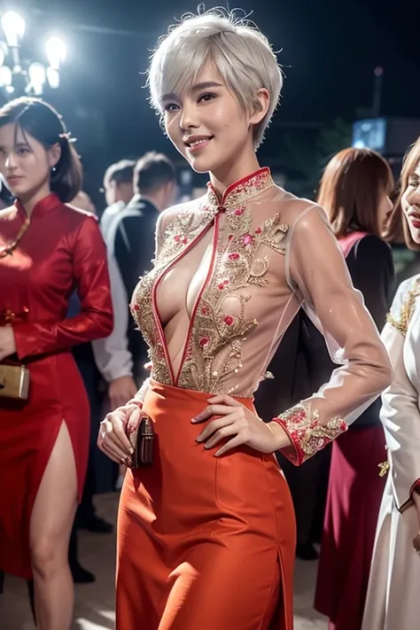 Malay girl, very short white hair, pixie cut hair, wear light plain red womens long-sleeved dress opened at the front, opened buttons, pins, or brooches, (baju kebaya:1.3) laughing and posing with hand on hip, wear handbag, from back view, windy, detail sk...