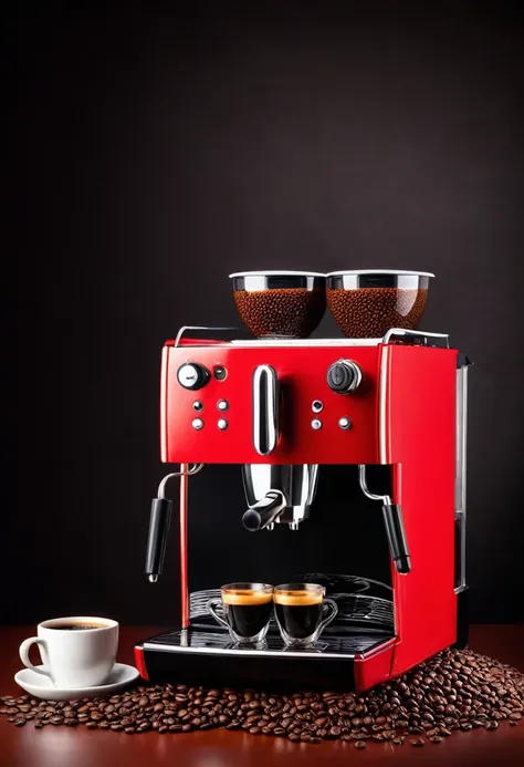 A red coffee machine with coffee beans, with a shot of coffee 