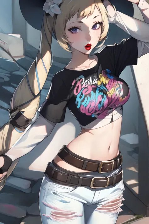 elise_fe, 1girl, solo, black t-shirt, white shirt, blue jeans, belt, lipstick, large breasts, layered sleeves