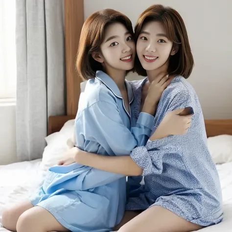 chaesoobin, identical clones, embrace, sitting on bed, pajamas, photorealistic, high quality