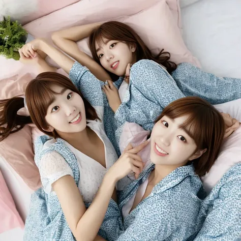 chaesoobin, identical clones, embrace, lying down on bed, pajamas, photorealistic, high quality