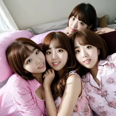 chaesoobin, identical clones, embrace, lying down on bed, pajamas, photorealistic, high quality