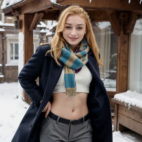 Sophie Turner with dyed blonde hair wearing a coat and scarf with pants and smiling