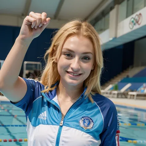 Sophie Turner with dyed blonde hair dressed in Olympic swimmer clothing and smiling