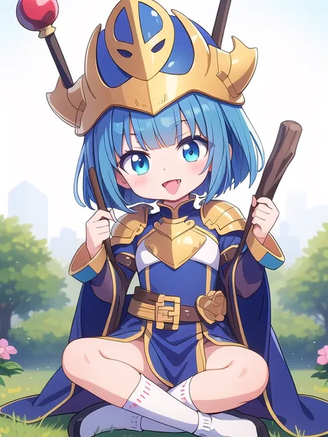 ((highest quality)), ((masterpiece)), (be familiar with), perfect face, bob cut, blue hair, Knights armor, Knights helmet, small breasts, cheerful cheeks, open mouth, white socks, (stick out tongue), strangulation