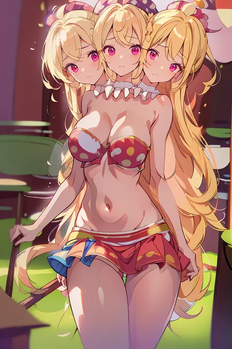 (masterpiece, best quality), best quality, (ultra-detailed), (3heads:1.5), 1girl, (ultra-detailed), (3heads:1.5), 1girl, (clownpiece:1.3), masterpiece, best quality, ultra quality, ultra resolution, ultra detail, red and blue top, crop top, ((stomach)), mi...