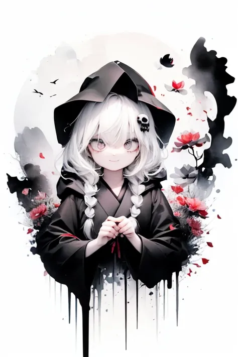 Высокое quality, 16K,masterpiece,illustration (Watercolor+Watercolor) Japanese-style, we use three colors(monochrome). One,1 woman(grim Reaper,Cute,kawaii,Age 10 years,Hair color: white,to braid hair,dirty hair,dark eye color,big eyes,White skin,big smile,...