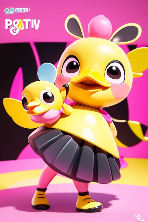 create an image of a beautiful and happy baby duck dressed as a bee with a skirt and with lines in pink, calypso and black colors together with a little bee in Pixar format. Write in cute shiny letters the name: "Patytos de Layme" in 3D in the background o...