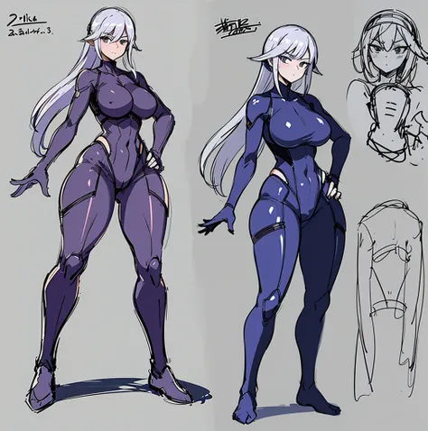 a drawing of a woman in a bodysuit with her hands on her hips, hands behind her body pose!, clean anime outlines, pudica pose gesture, sketchy artstyle, anime pose, thick outline, cell shaded adult animation, neutral pose, fully body pose, 3 / 4 pose, vill...