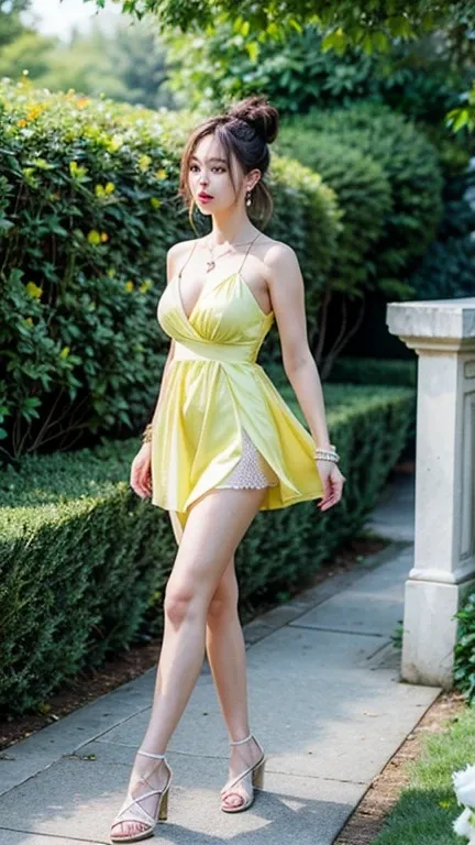 Girl, large breast in a yellow asymmetrical dress, necklace, bracelet, earrings, bun hair, wedges, full body photoshoot, walk in the white roses garden, real skin texture, detailed detail, ultra sharp, 