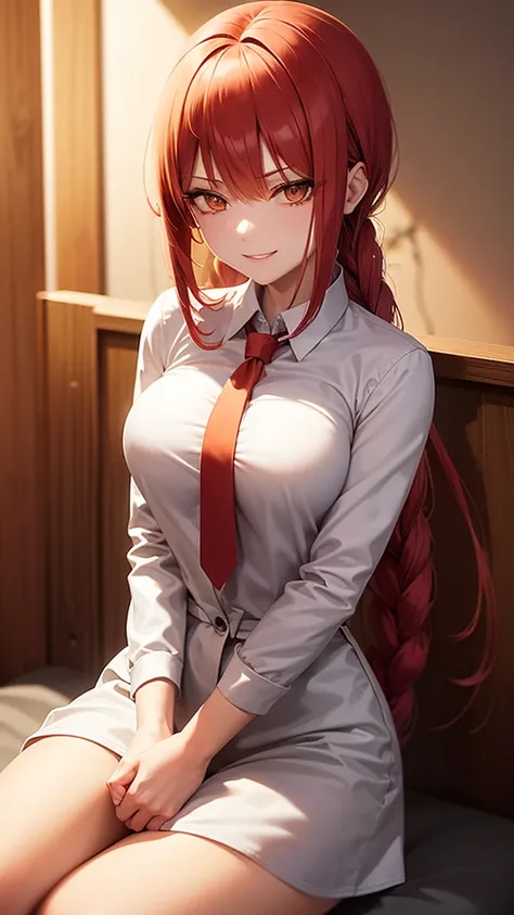 makima (chainsaw man), best quality, ultra detailed, 1girl, solo, standing, red hair, long braided hair, golden eyes, bangs, medium breasts, white shirt, necktie, stare, smile, (evil:1.2), looking at viewer, (interview:1.3), (dark background), from below, ...