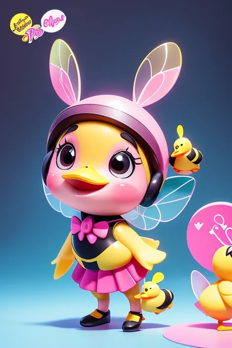 create an image of a beautiful and happy baby duck dressed as a bee with a skirt and with lines in Pink, Calypso and black colors along with a small real bee in Pixar format. Write in cute shiny letters the name: "Patytos de Layme" in 3D in the background ...