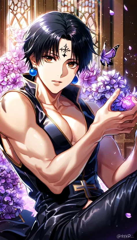 absurdres, highres, ultra detailed, HDR, master piece, best quality, Chrollo Lucilfer, black hair, expressive brown eyes, blue earrings, hunter x hunter, solo, sexy man, handsome, black cross tattoo on his forehead, toned chest, black leather coat, sitting...