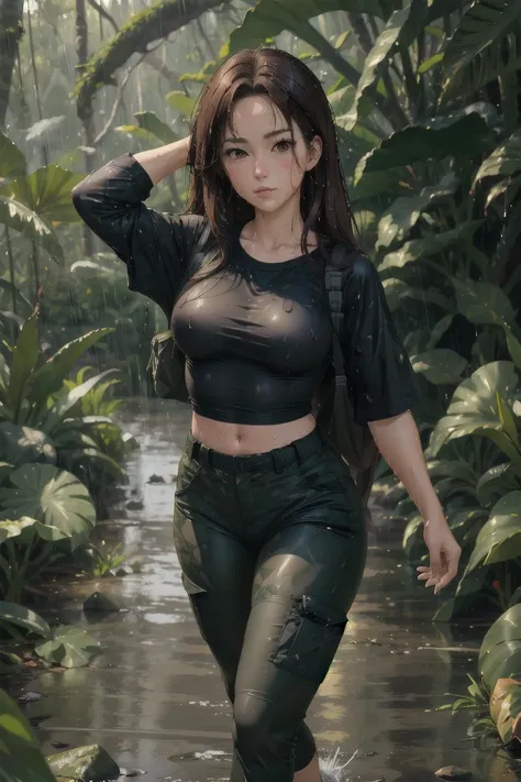 anime girl, 36 year old woman, masterpiece, best quality, black tshirt, tight military pants, baggy camo pants, walking in rainy jungle, brown hair, floating wair, wet, extremely wet cloths, medium breasts, 