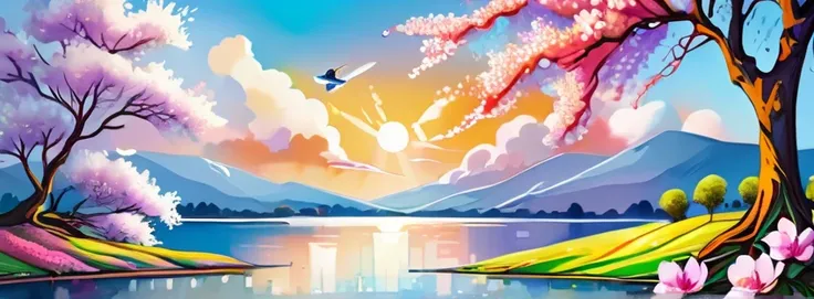 sky with sun clouds birds , lago com cisnes, garden apple blossom flower pássaros White pink lilac blue, an explosion of colors, coisas complexas ao redor, complexo em segundo plano, pintura estilo 3D aquarela, imagem completa, high resolution, high contra...