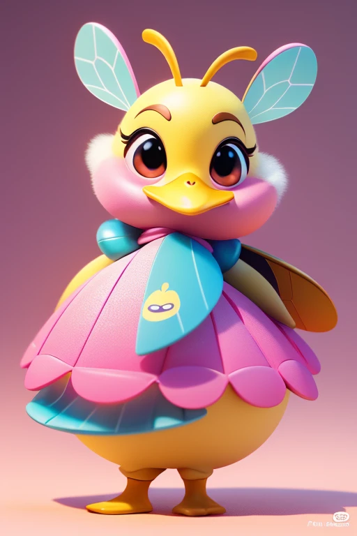 create an image of a beautiful and happy baby duck dressed as a bee with a skirt and with lines in pink, calypso and black colors along with the duck, a small authentic queen bee flying in Pixar format. Write in cute shiny letters the name: "Patytos de Lay...