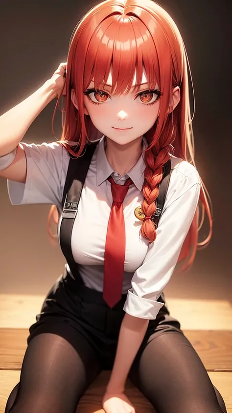 makima (chainsaw man), best quality, ultra detailed, 1girl, solo, red hair, long braided hair, golden eyes, bangs, medium breasts, white shirt, necktie, stare, smile, (evil:1.2), looking at viewer, (interview:1.3), (dark background), from below, sharp cont...