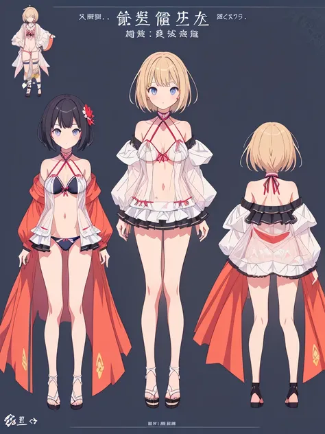 1girl、vtuber-fullbody、highest quality、Masterpiece、Official Art、The best composition、Super detailed、Standing in front of the viewer、short hair、8 heads、シンプルなbikini、Character design sheet、bikini、I dont wear clothes、