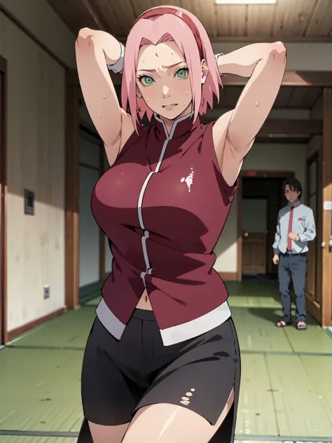 sakura shippuden, red clothes、no sleeve、black shorts、bandaged leg, skirt,bangs, green eyes, big breasts, forehead protector, sym...