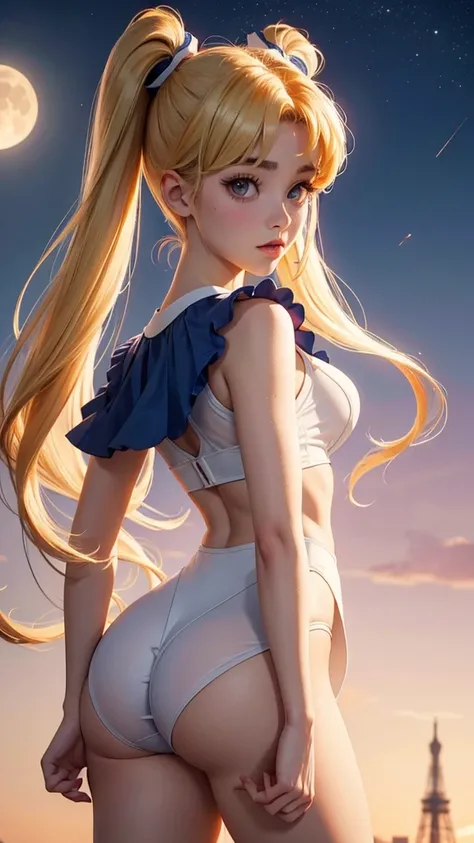 Serena Tsukino de Sailor Moon, semidesnuda, iconic white and blue sailor moon costume, tiene su iconico cetro lunar en la mano,very sexy small clothes,joven, cuerpo muy delgado, super skynny body, small and beautiful buttocks, abdomen tonificado, puedo ver...