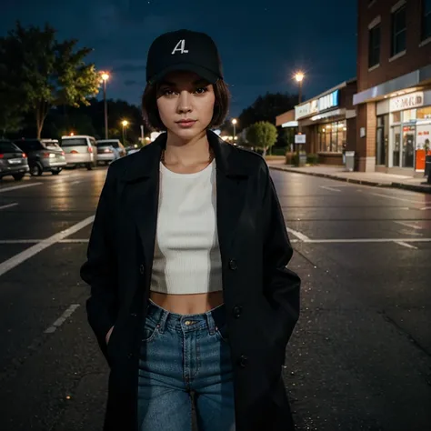 Woman, 27 years old, wearing a cap, and a coat, short bob hair, beautiful, in a parking lot at night