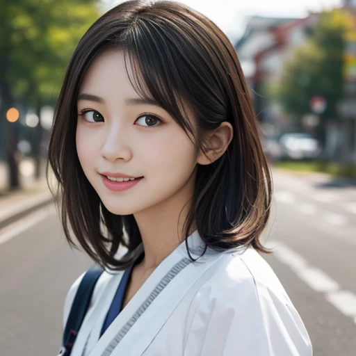 ((Cute 15 year old Japanese))、on the road、Highly detailed face、Pay attention to the details、double eyelid、Beautiful thin nose、Sharp focus:1.2、Beautiful woman:1.4、Cute Hairstyles、Pure white skin、highest quality、masterpiece、Ultra-high resolution、(Realistic:1...