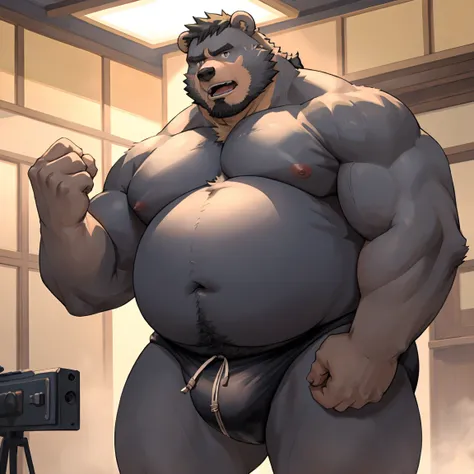 ((Masterpiece)),((Hight quality)),((Hught Detailed)),((Realistic,)) Anime Artistic masterpiece art, Concept anime art, Anatomy of character, Obese sumo wrestler Millionaire Boss Bear in underwear, He is very Obese and very muscular Sumo wrestler, Extreme B...