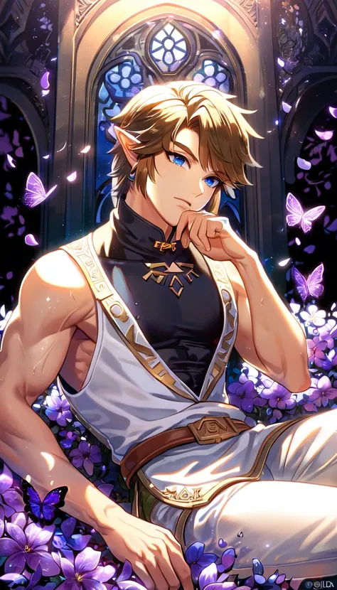 absurdres, highres, ultra detailed, HDR, master piece, best quality, Link, brown hair, expressive blue eyes, the legend of zelda twilight princess, solo, sexy man, handsome, toned chest, white coat, black tight shirt, sitting, white pants, purple butterfli...