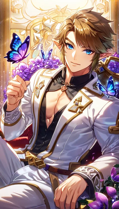 absurdres, highres, ultra detailed, HDR, master piece, best quality, Link, brown hair, expressive blue eyes, the legend of zelda twilight princess, solo, sexy man, handsome, toned chest, white coat, black tight shirt, sitting, white pants, purple butterfli...